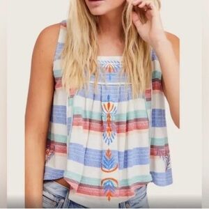 Striped Embroidered Sleeveless Tank Top - Blue & Coral free people sz small